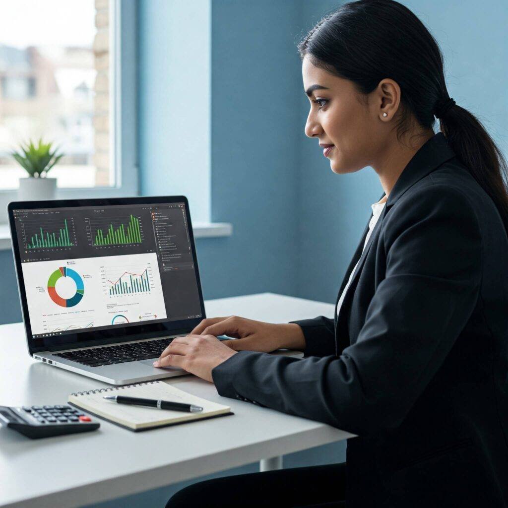 Young professional reviewing financial plan on laptop with charts
