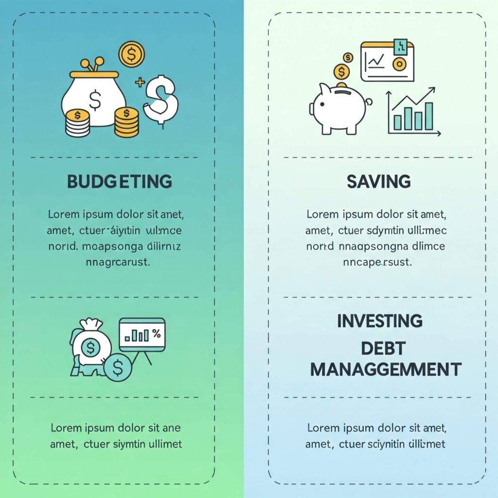 Financial Literacy Components: Budgeting, Saving, Investing, and Debt Management infographic