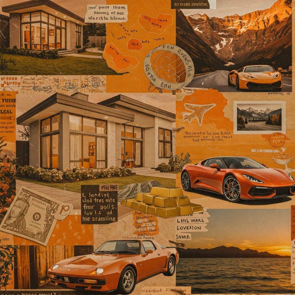 "Inspirational collage-like vision board displaying financial goals, including a house, car, and travel, with warm orange and yellow colors conveying aspiration and excitement."
