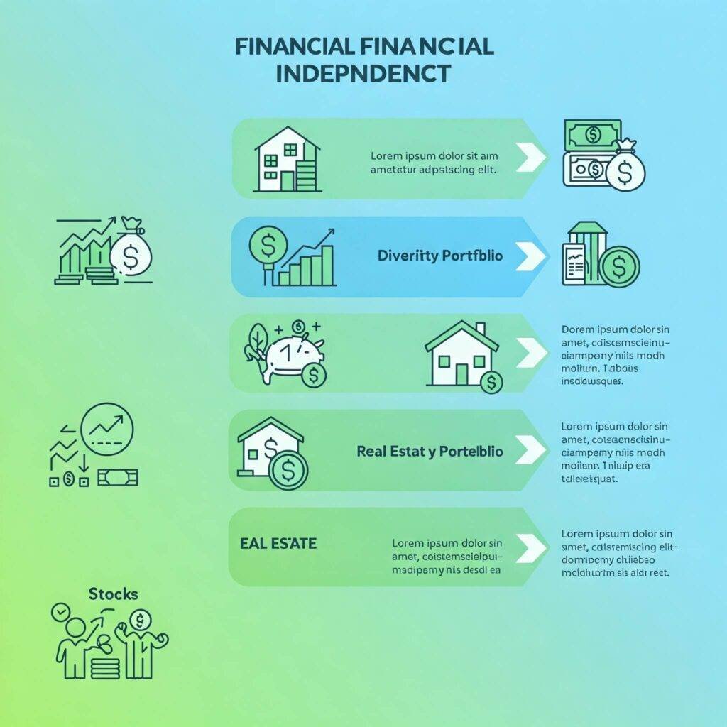 Infographic-style roadmap to financial independence. Icons for stocks, real estate, and savings. Bright green and blue to symbolize growth and trust.