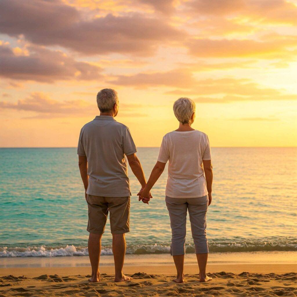 "Romantic Sunset Beach Scene: Caucasian Couple Gazing Towards Horizon, Holding Hands"