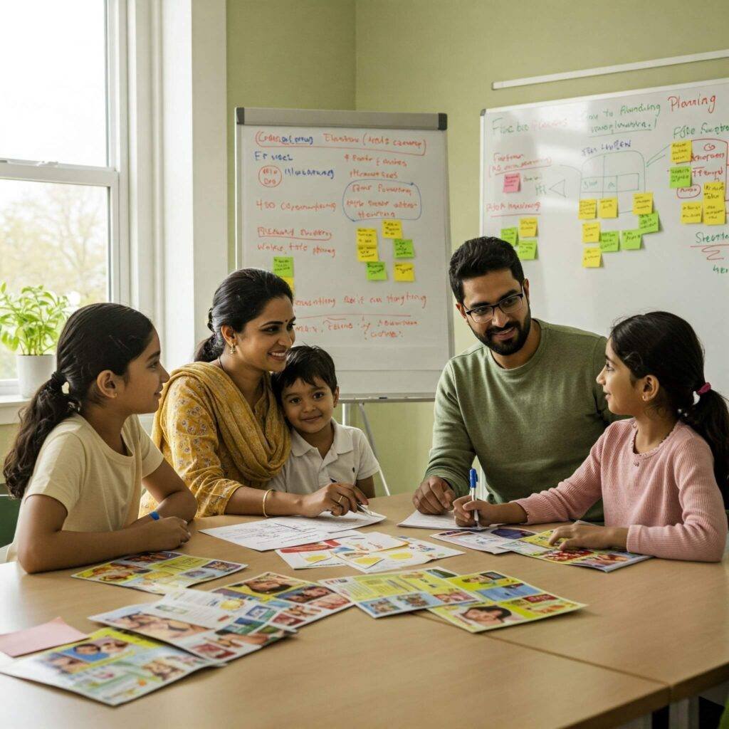Family planning session with warm green and beige tones, conveying security.