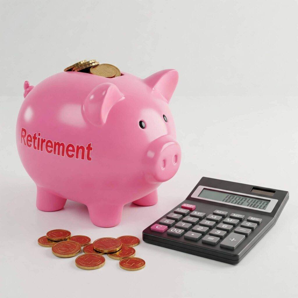 Piggy bank labeled 'Retirement' surrounded by coins and a calculator.