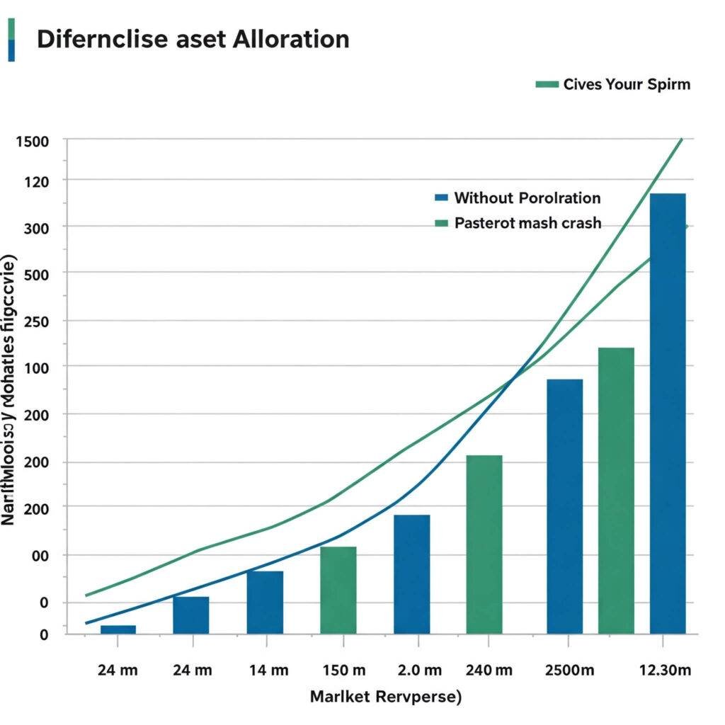 The image shows a minimalist bar graph comparing portfolio performance during a market crash, with and without asset allocation, in blue and green.