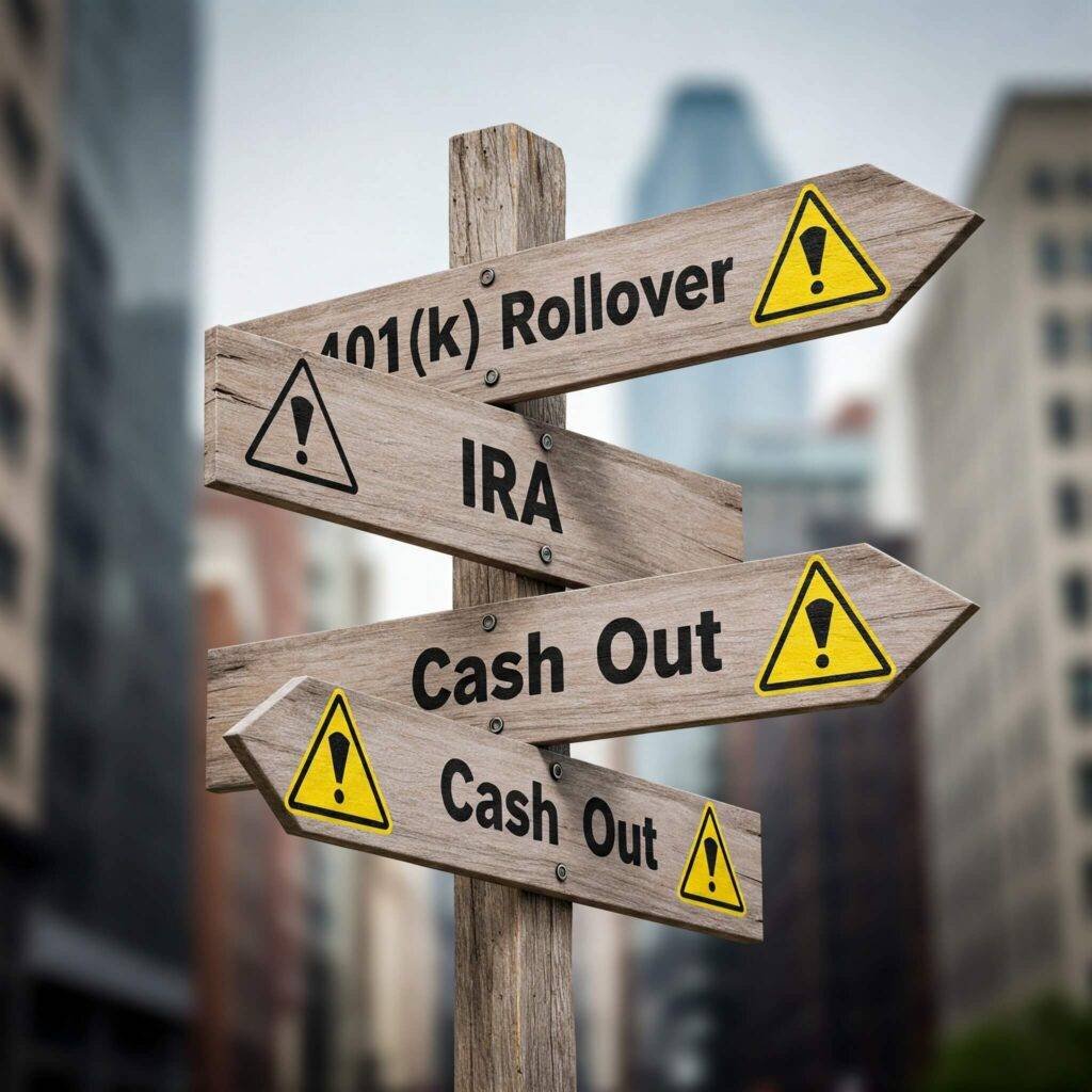 Signpost with arrows pointing to 401(k) Rollover, IRA, and Cash Out (with a warning symbol), illustrating financial decisions