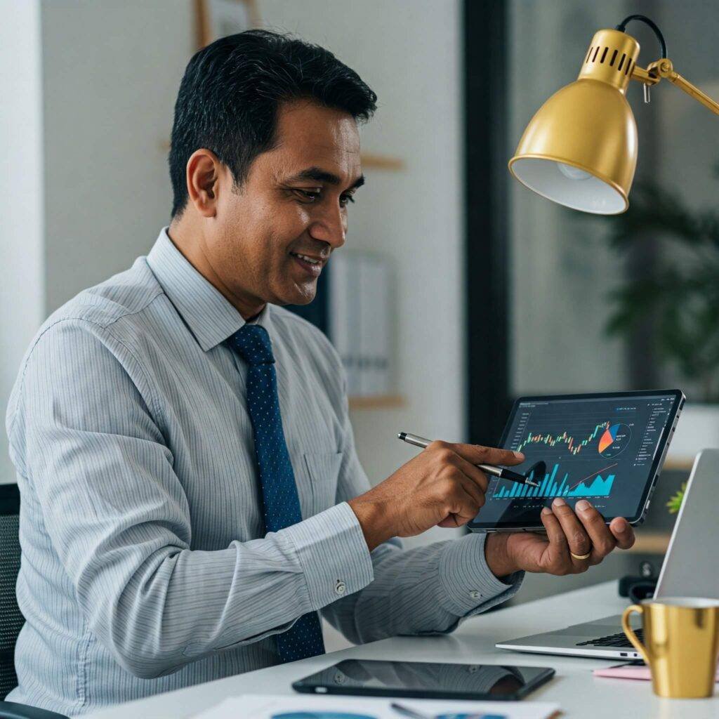 Investor reviewing financial chart on tablet