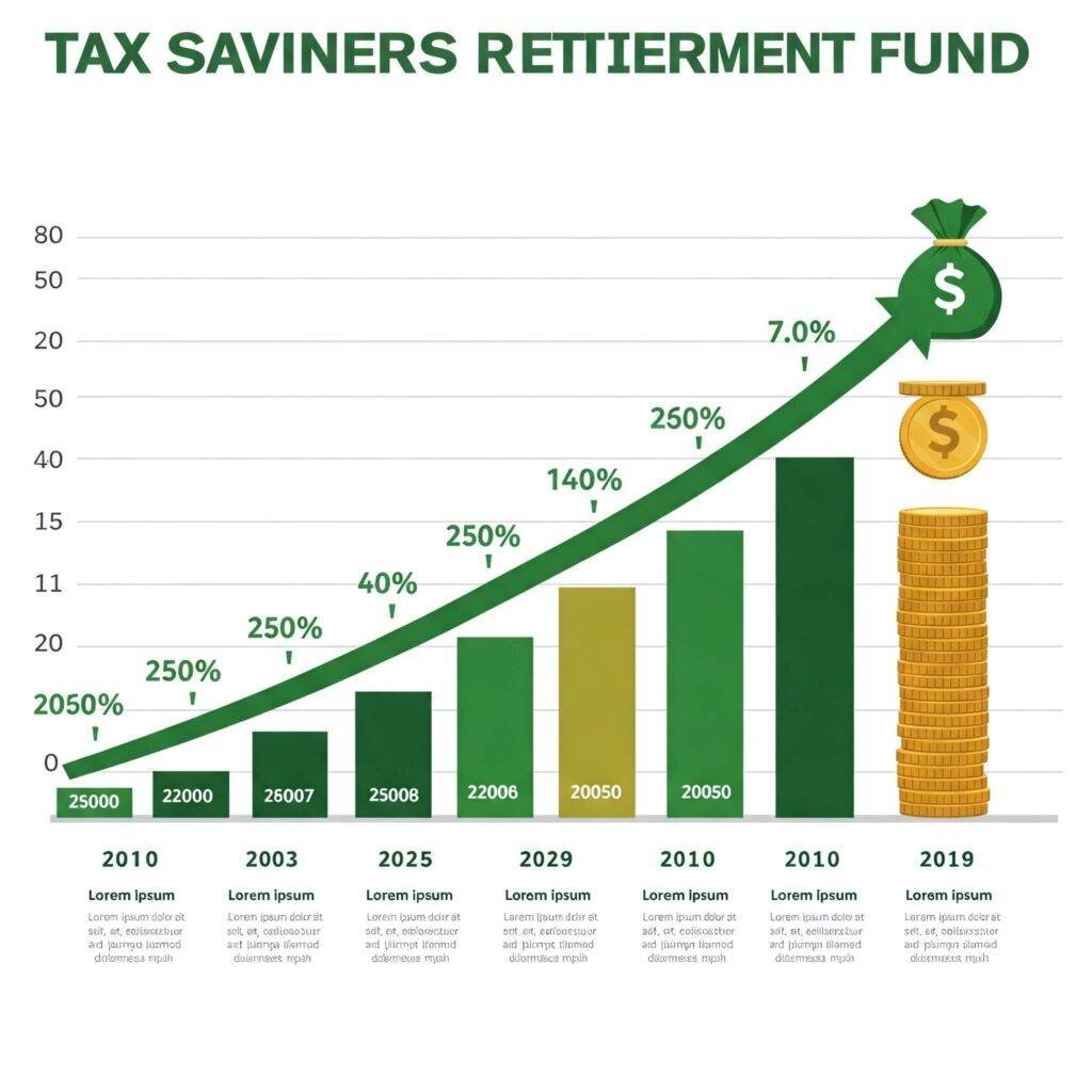 Tax savings growing into retirement fund infographic. Green and gold colors.