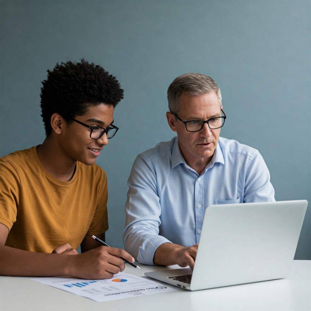 Person and coach examining financial plan on a notebook