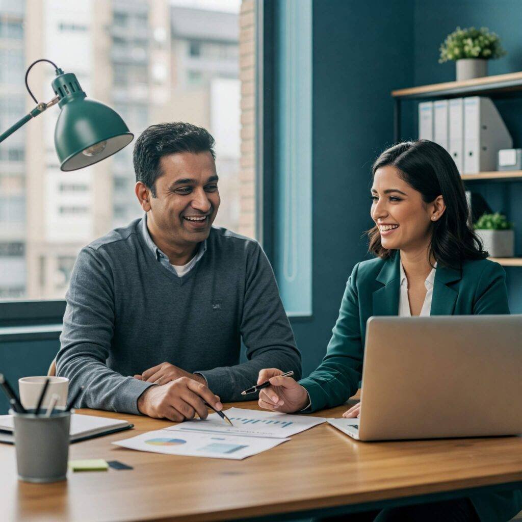 Warm and inviting image of a financial consultation with laptops and charts.