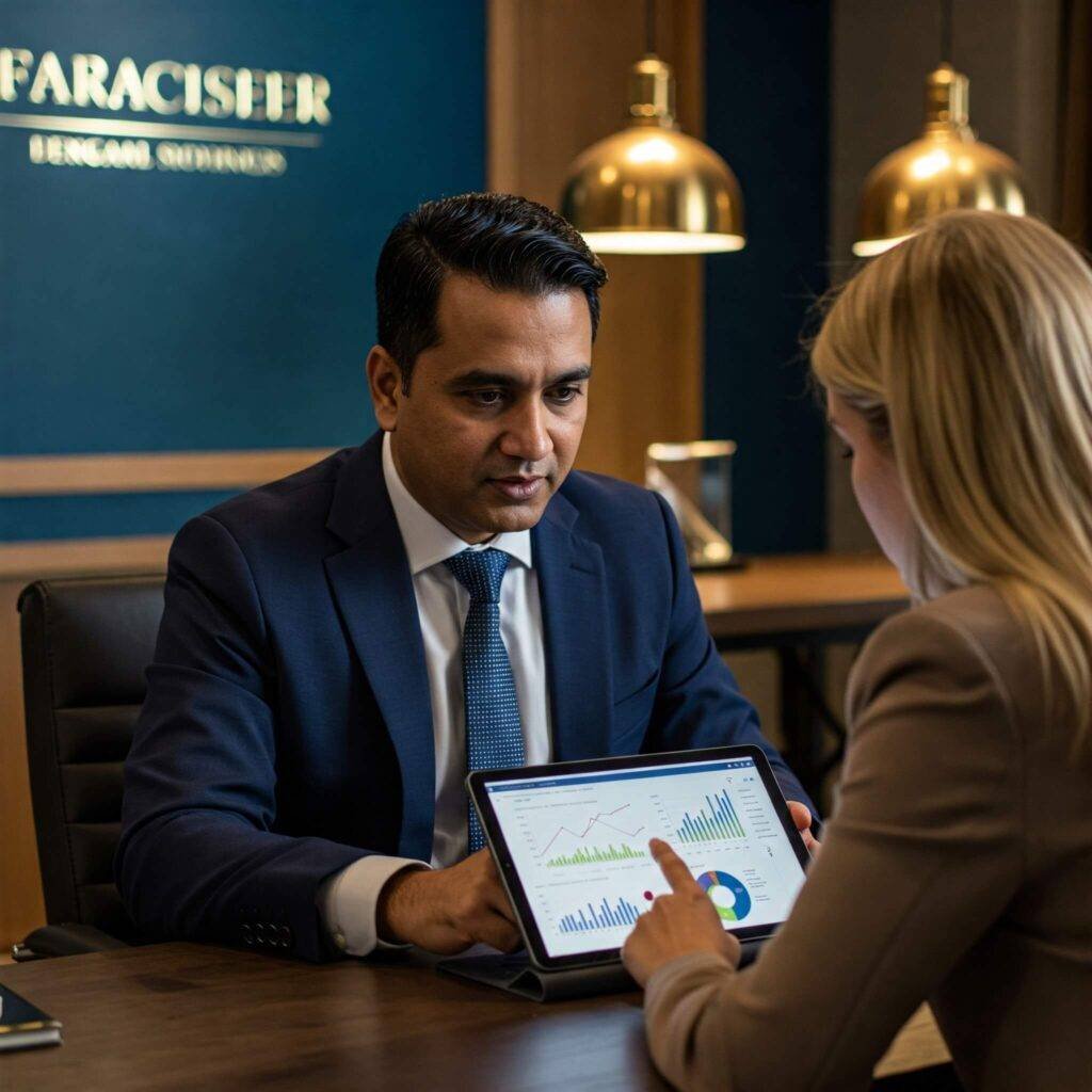 Financial advisor and client reviewing a plan on a tablet in a modern office