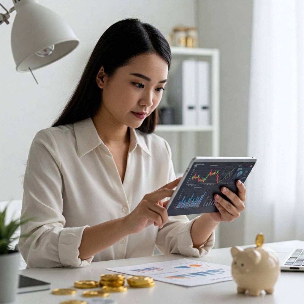 Financial control: Person analyzing charts in home office."