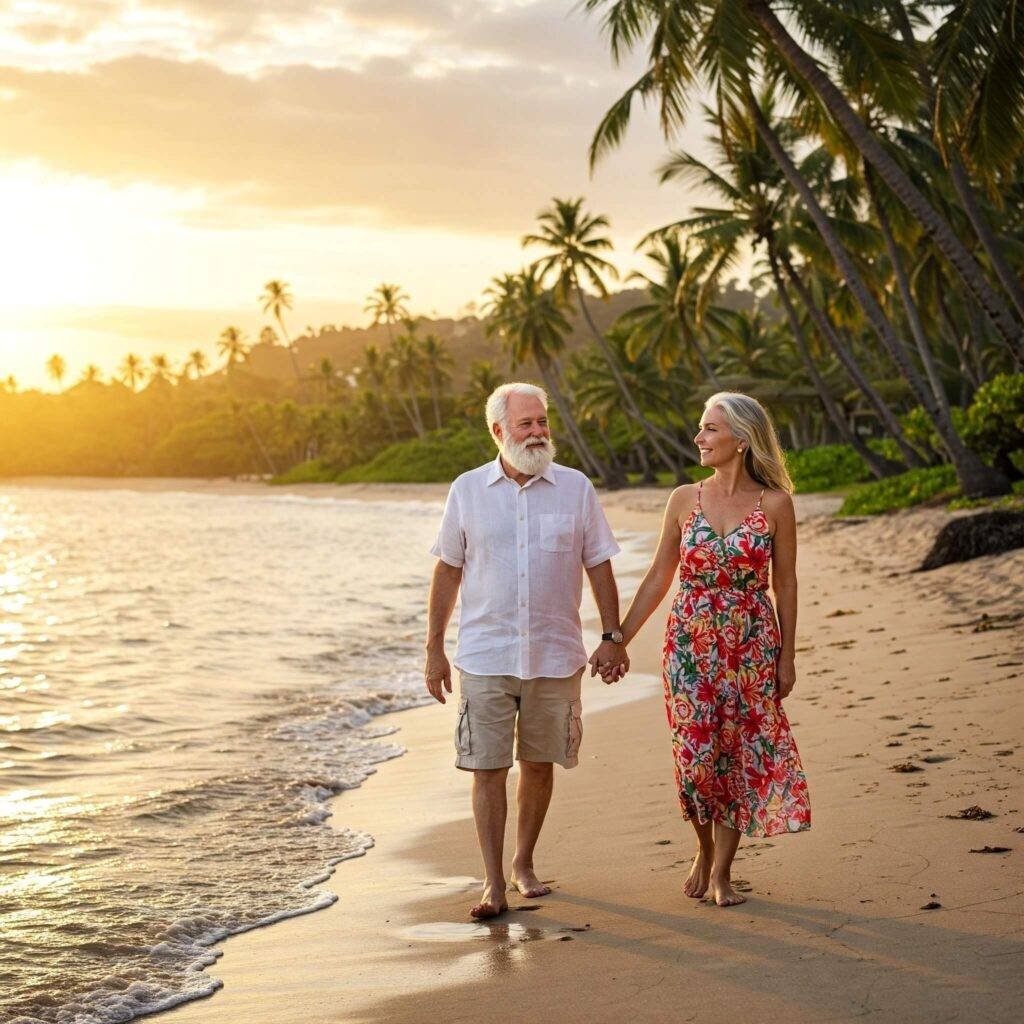 Retired couple on a beach vacation.