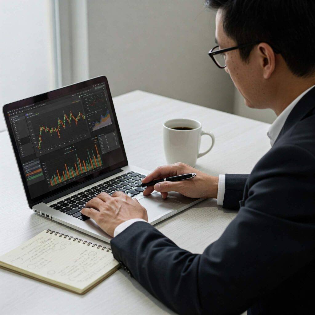 "Person reviewing financial charts on a laptop at a modern desk."