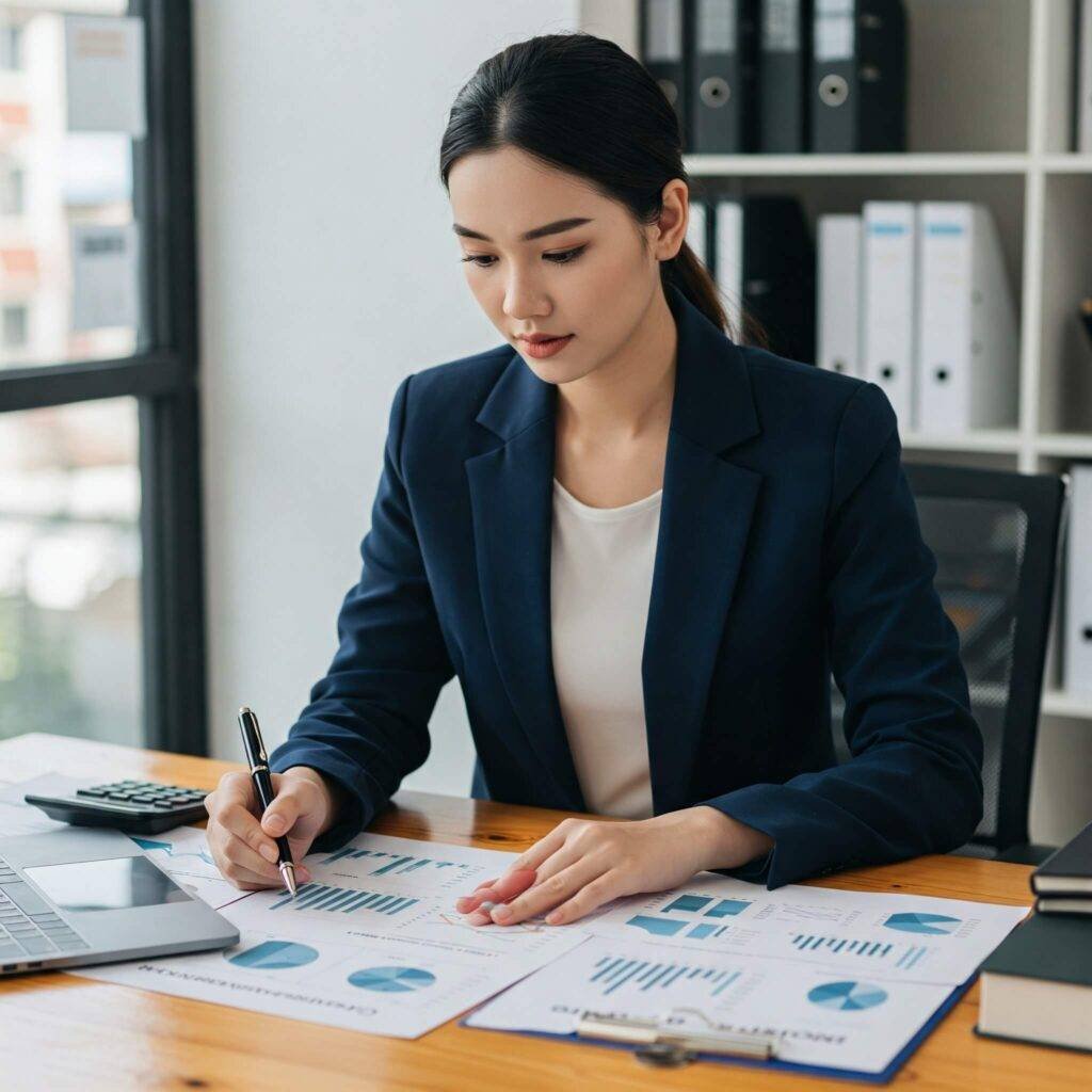 Proactive financial planning: woman with laptop and charts