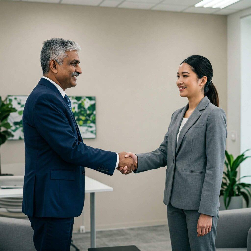 Business owner and consultant shaking hands against a neutral background with green accents, conveying partnership and growth.