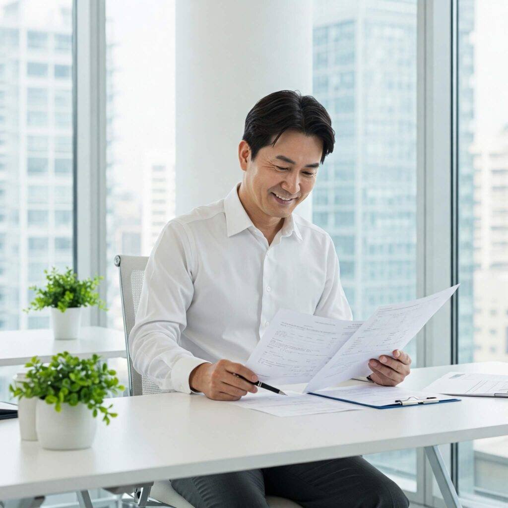Smiling professional reviewing retirement account documents in a modern office.