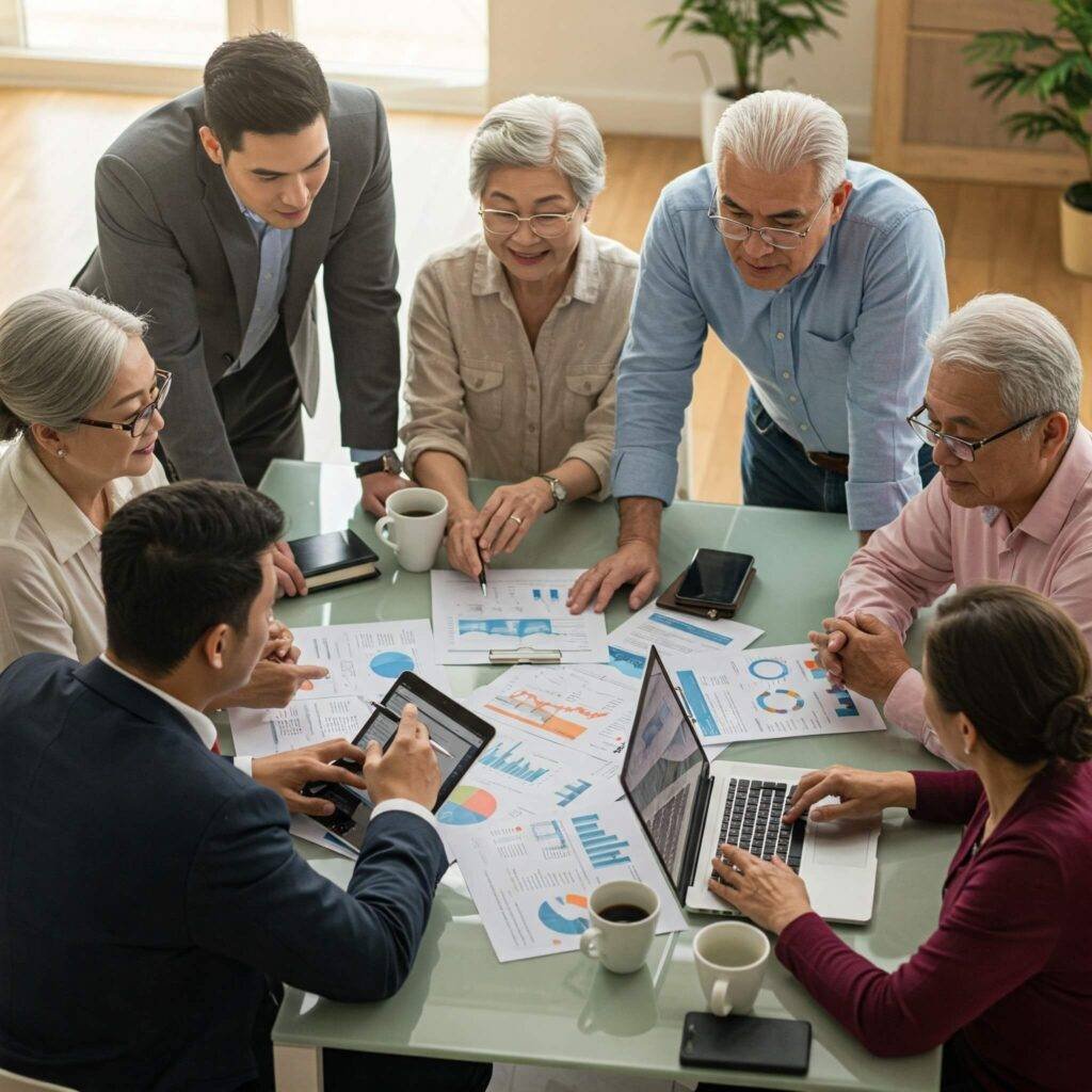 Diverse group discussing finances around a table.
