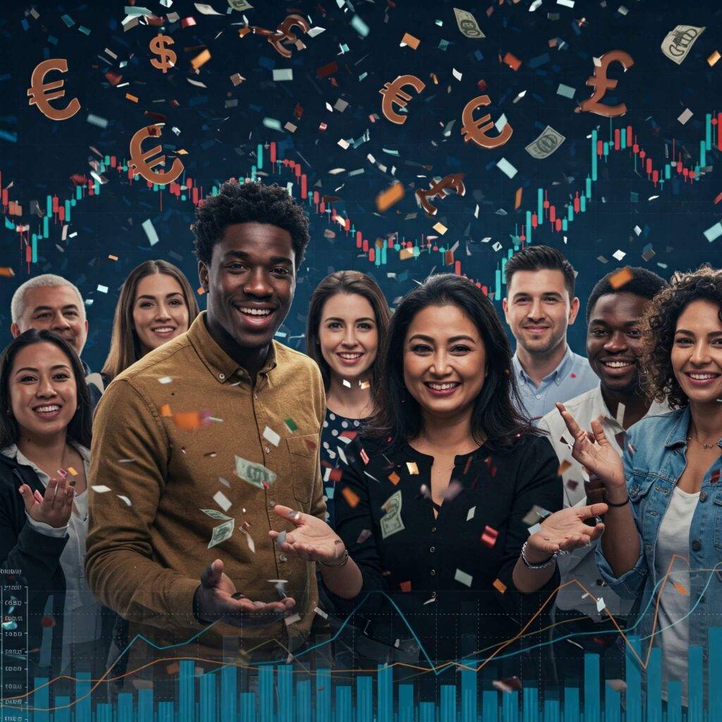 Diverse group celebrating financial success with stock market graphs, money symbols, and confetti