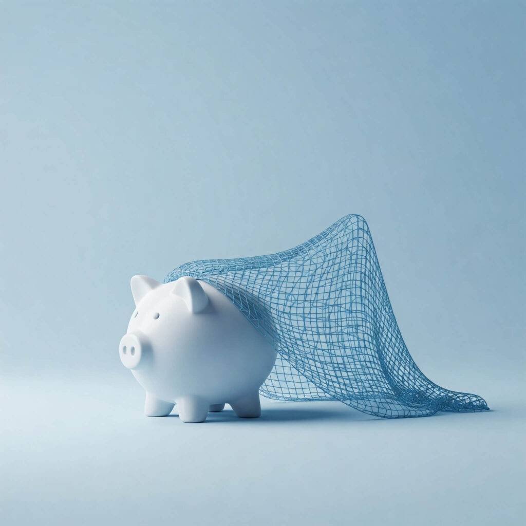 "Minimalist image of a piggy bank in a safety net, using calming blues and whites to convey financial security."