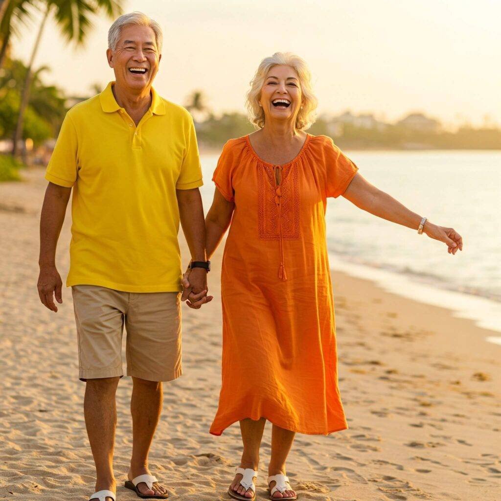 Retired couple on vacation with bright yellow and orange, evoking joy
