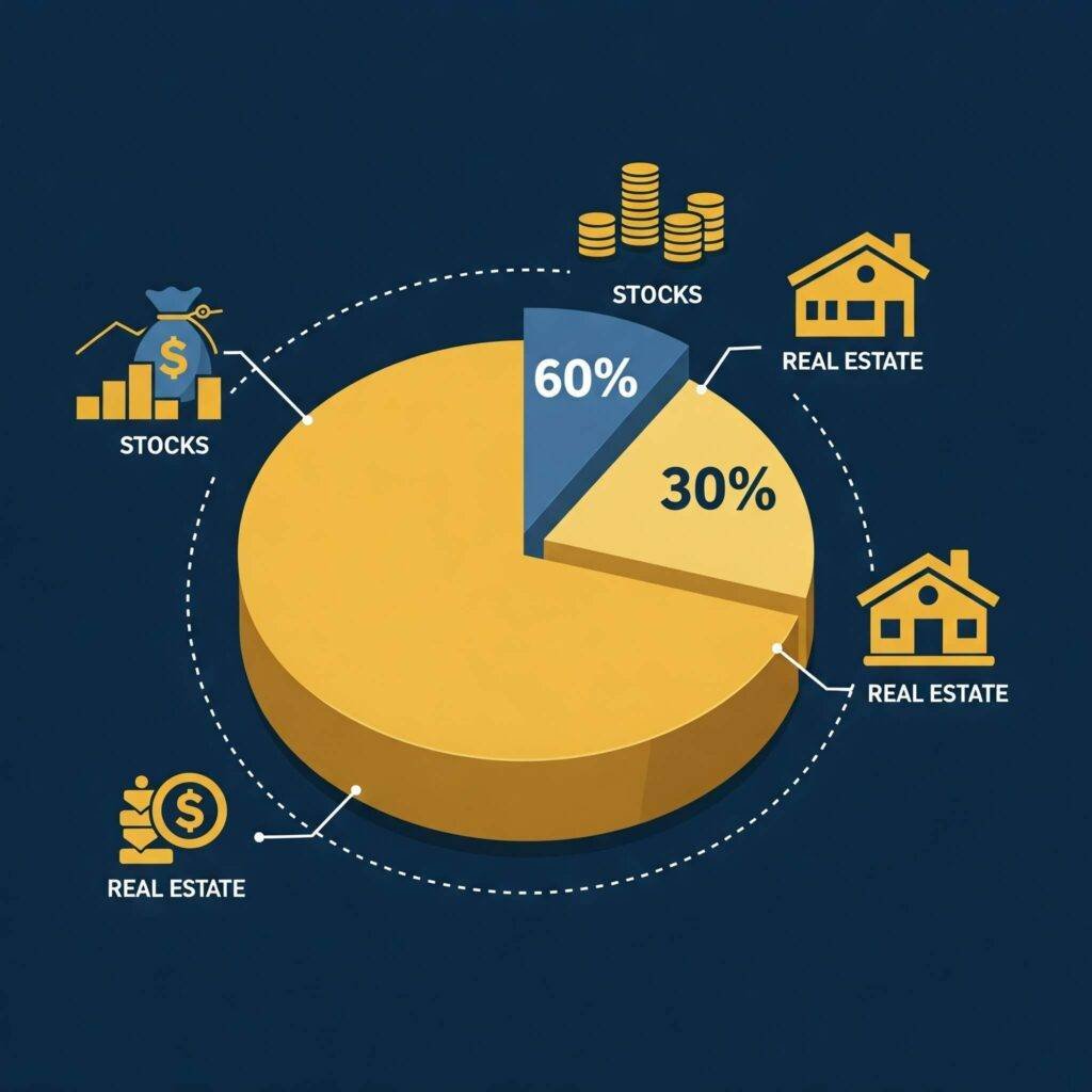 The image illustrates a bold and engaging pie chart representing a diversified portfolio with 60% stocks, 30% bonds, and 10% real estate, using gold and blue to convey wealth and trust.