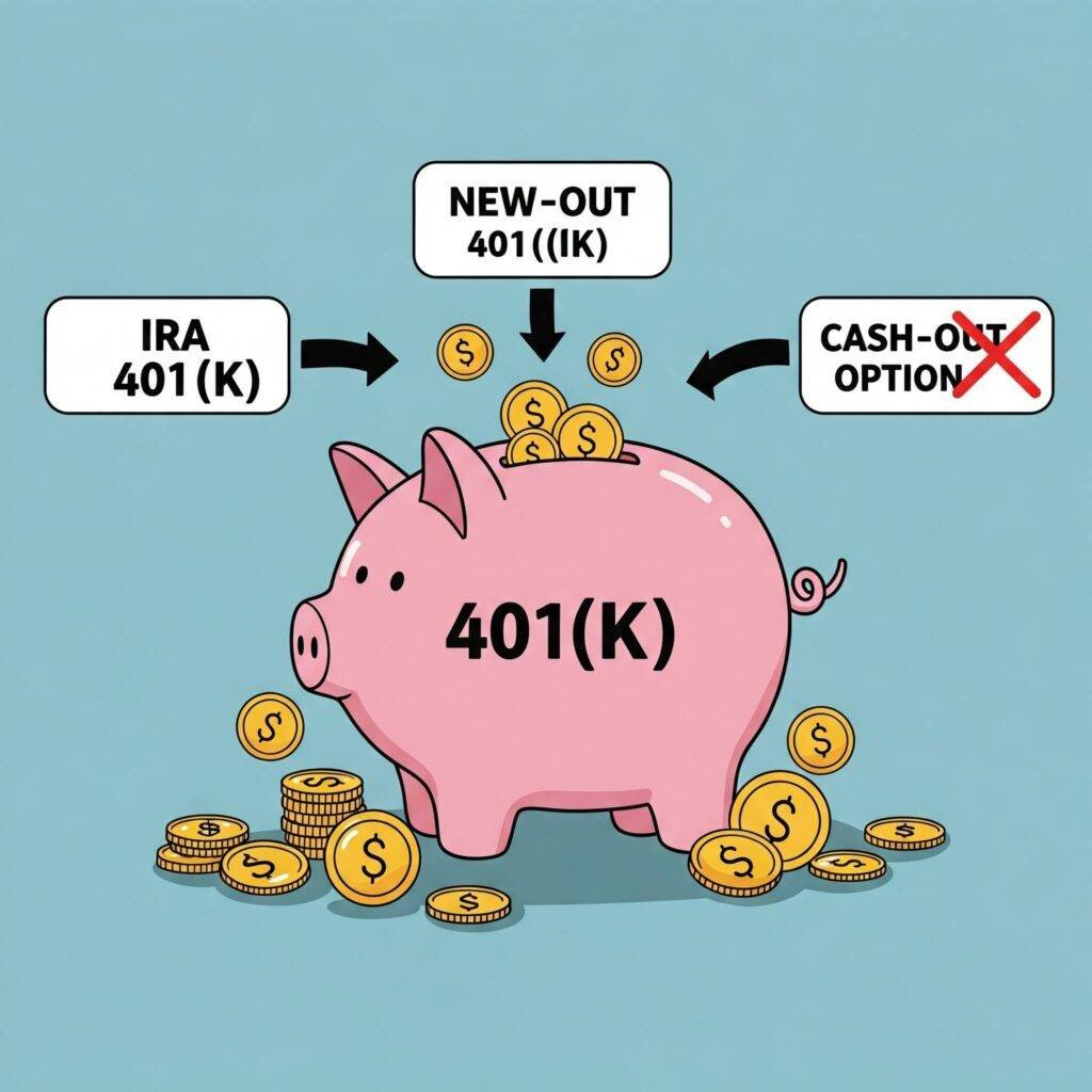 Piggy bank labeled '401(k)' with arrows showing rollover options to an IRA and a new 401(k), with a red 'X' over a cash-out option, representing smart financial choices