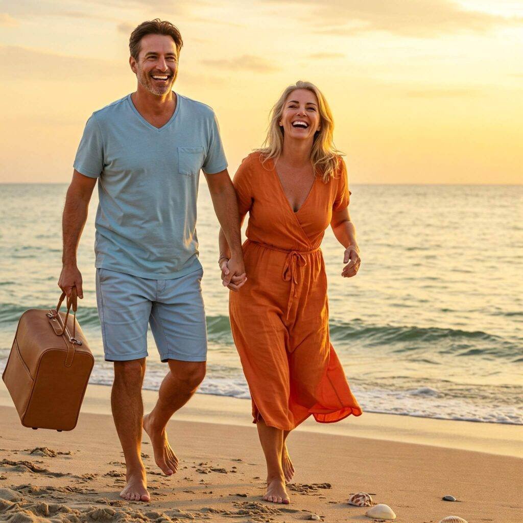 Happy couple on a beach symbolizing early retirement. Warm orange and blue colors