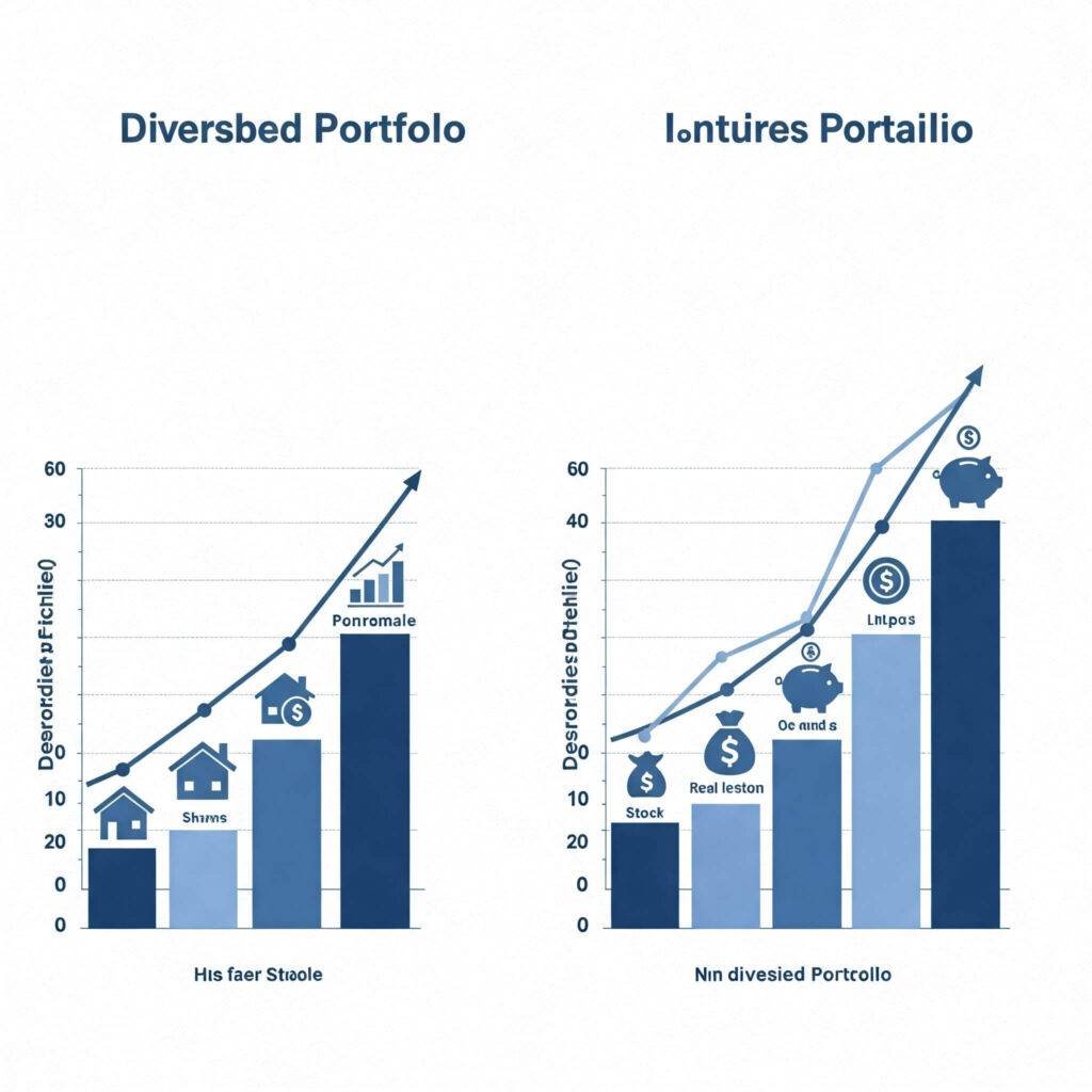 Side-by-side comparison of diversified vs. non-diversified portfolio, highlighting stability.'