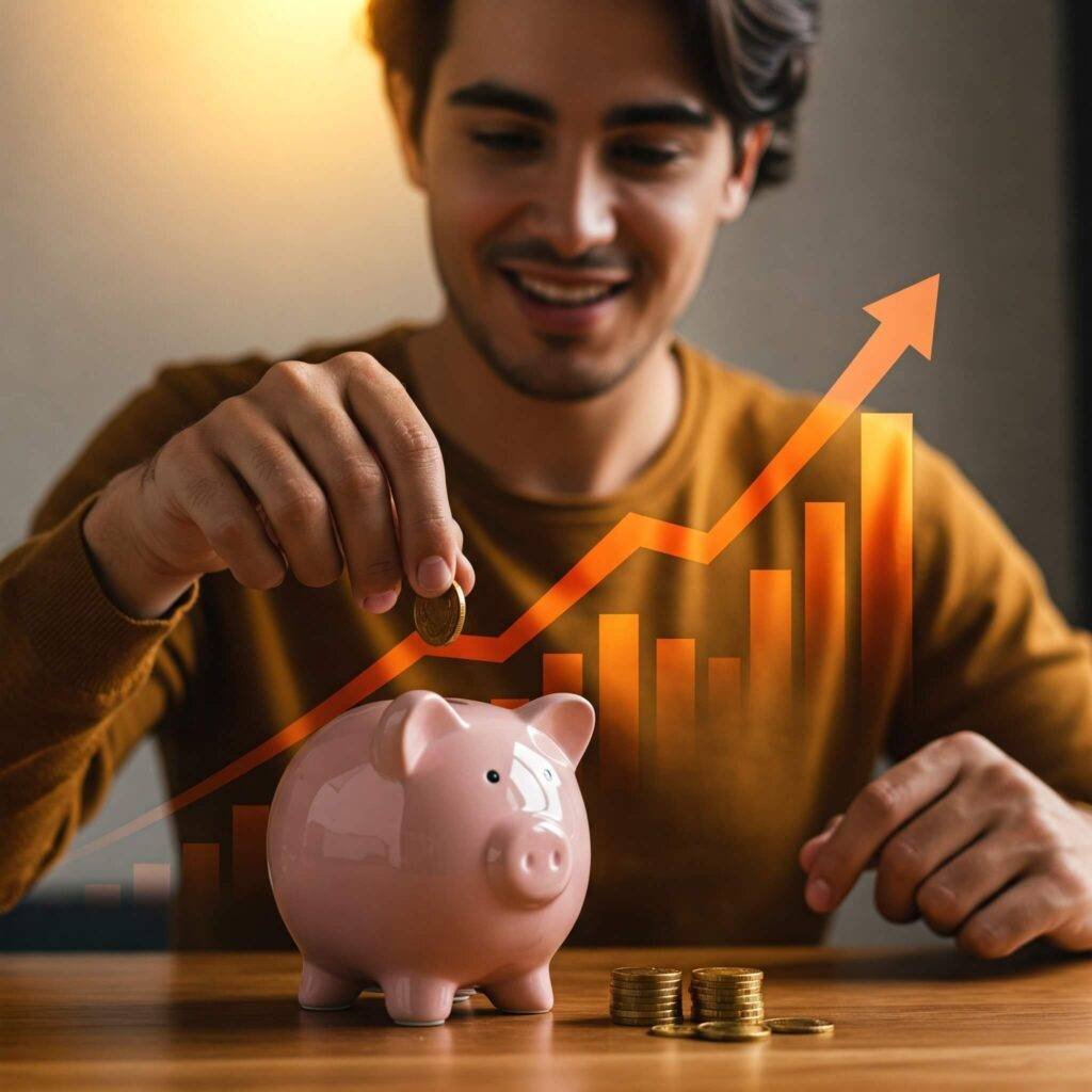 Person adding coins to a piggy bank.