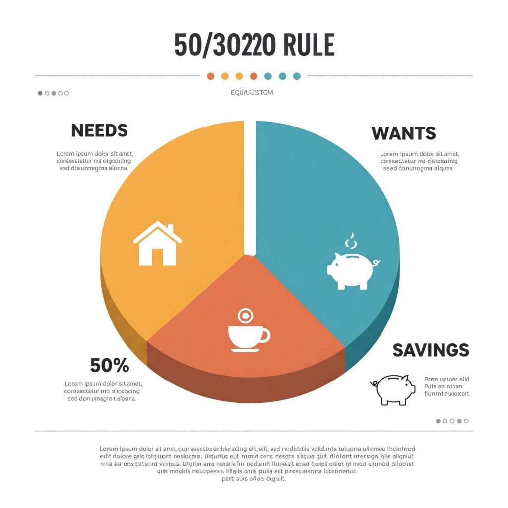 50/30/20 budget rule infographic with a colorful pie chart.