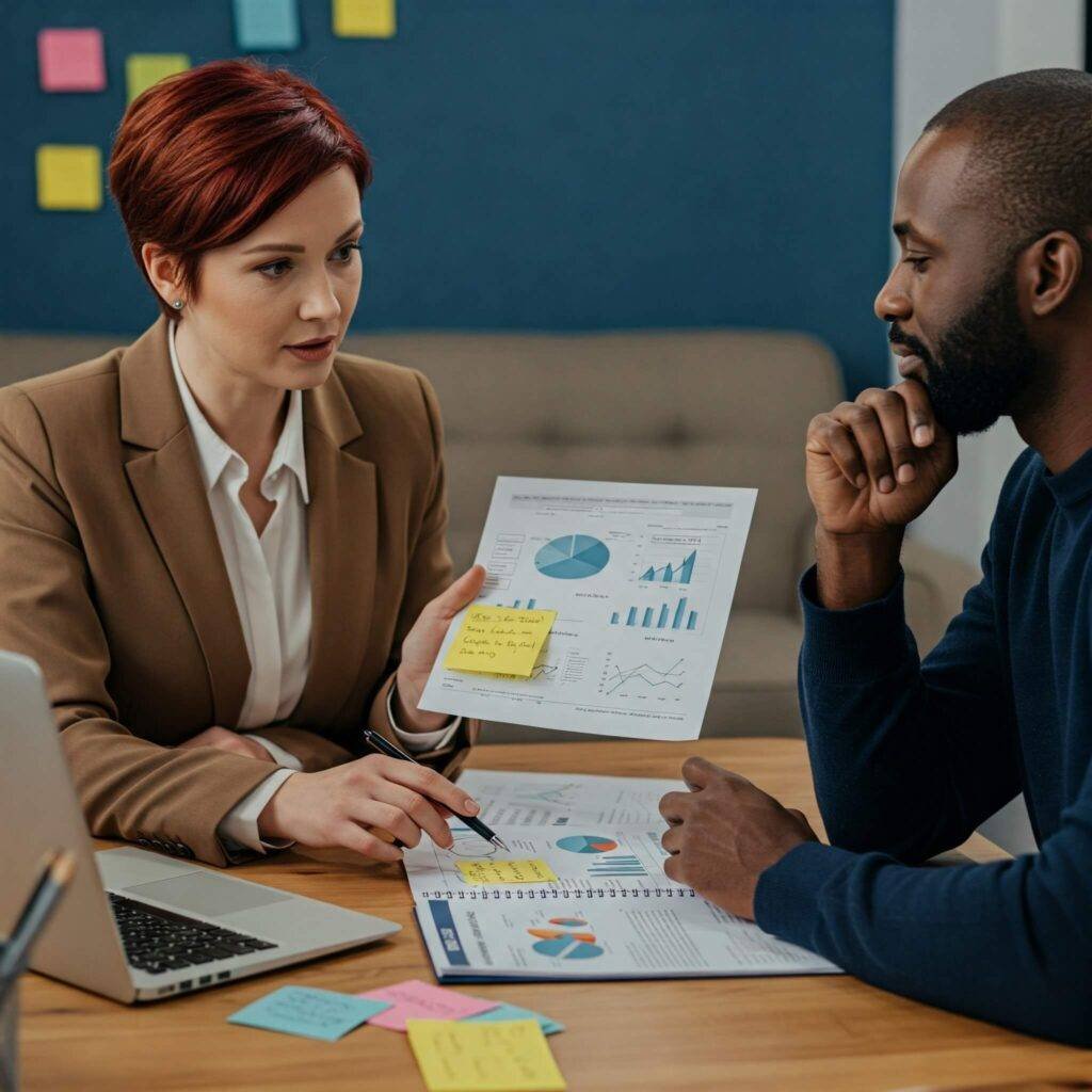Consultant explaining financial plan to client.