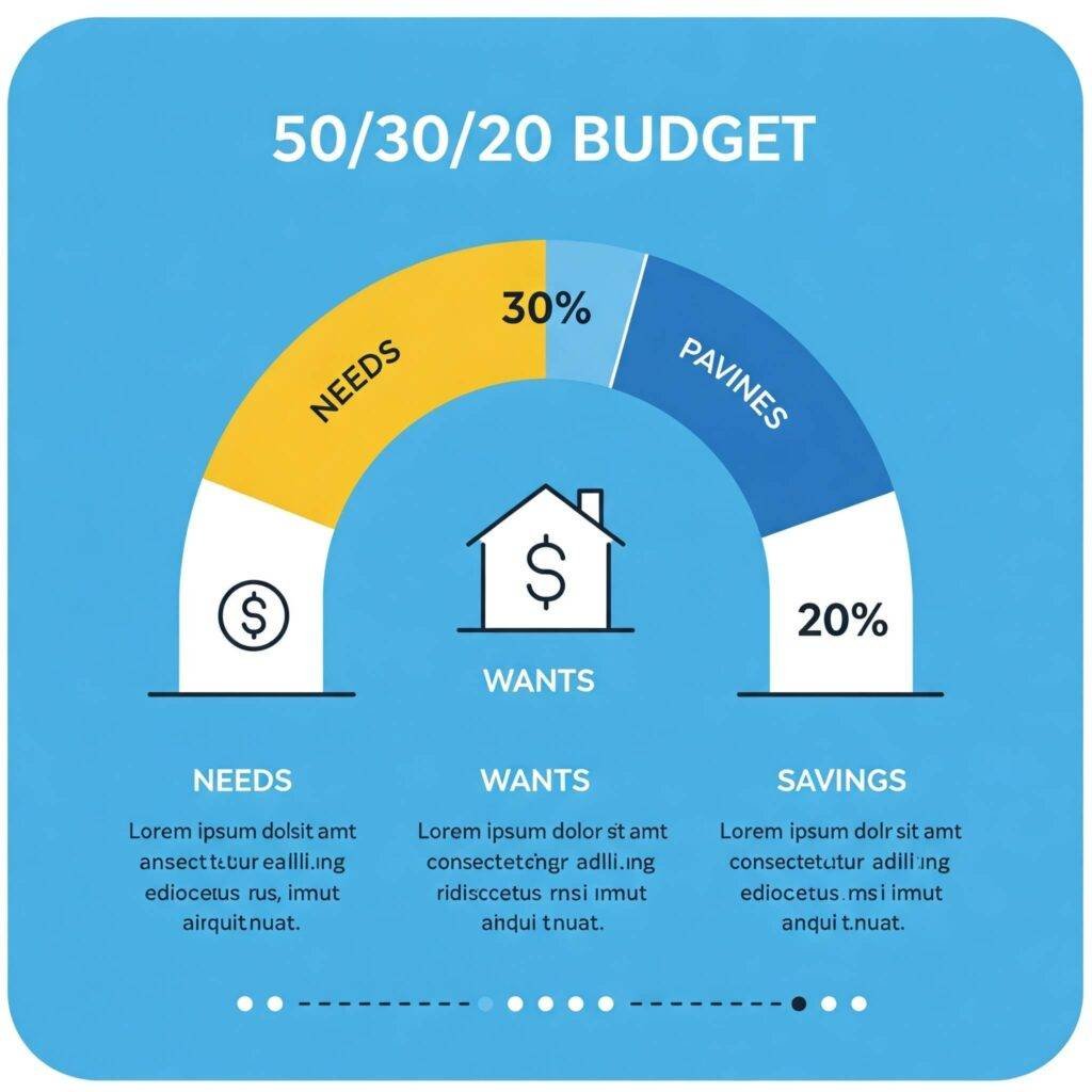 "Clear 50/30/20 budget infographic in blue, yellow, and white."