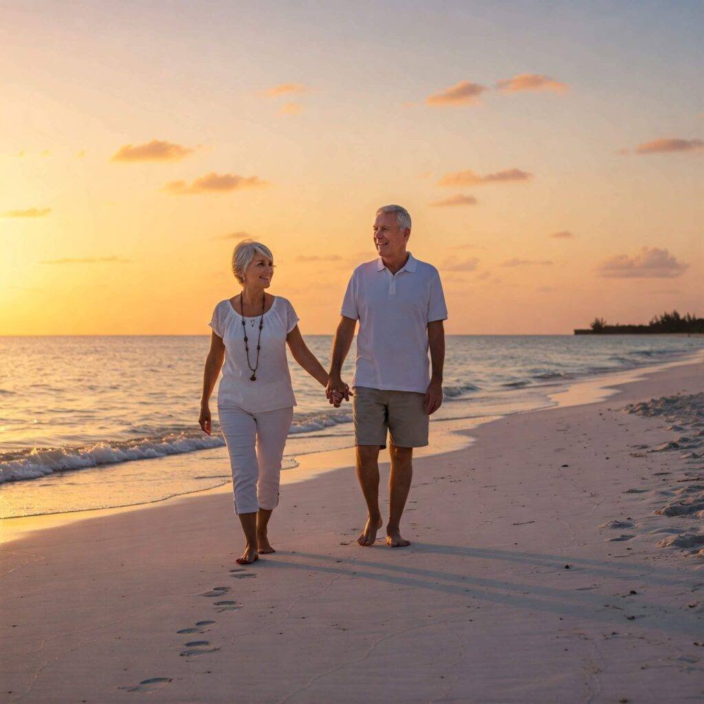 Peaceful retirement scene: Couple enjoying sunset walk