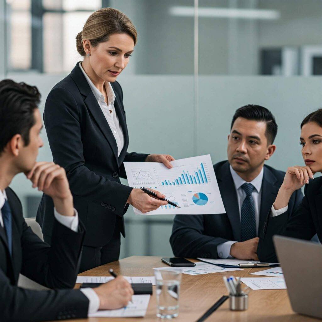 Consultant presenting chart to business professionals in a modern office, conveying collaboration and strategy.