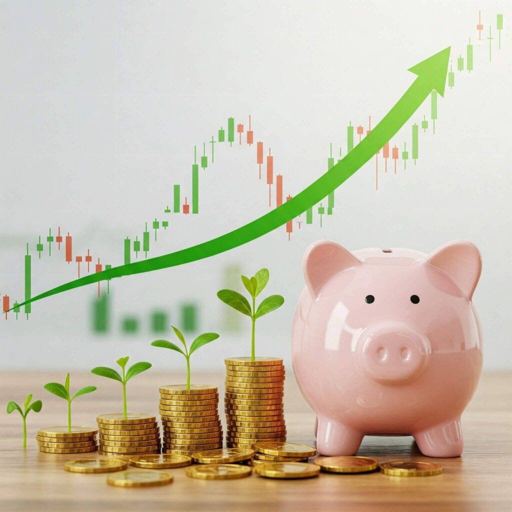 Piggy bank with growing plants and gold coins: Investments for future.