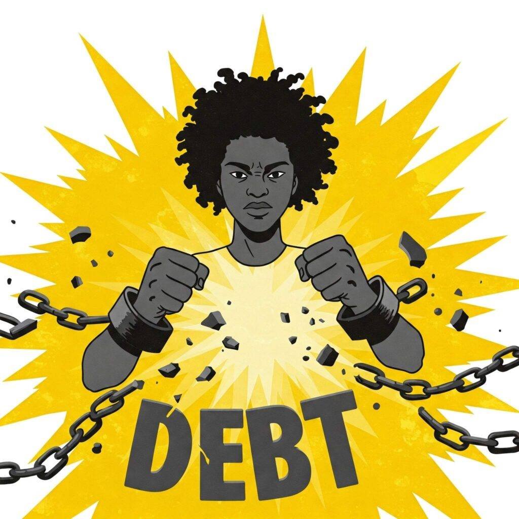 Person breaking free from debt chains.
