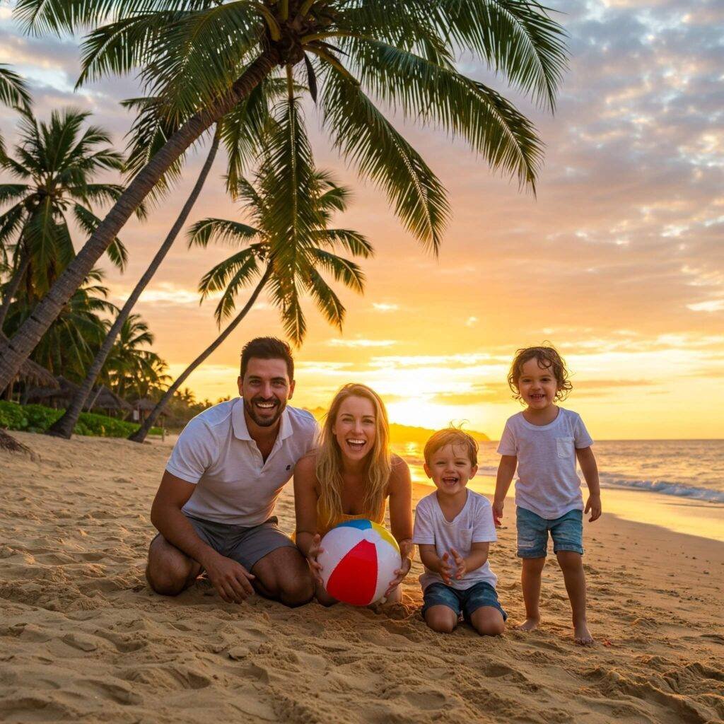 Family enjoying beach vacation at sunset, symbolizing financial freedom