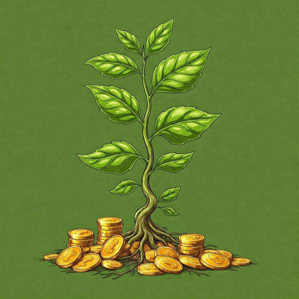 "Illustrative image of a growing plant with coins at its base, in greens and golds for prosperity, conveying growth and prosperity."