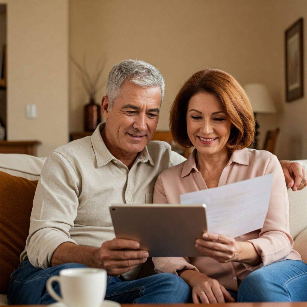 Couple in 50s reviewing portfolio on tablet in cozy home. Orange and beige tones convey security and comfort, with confident smiles.