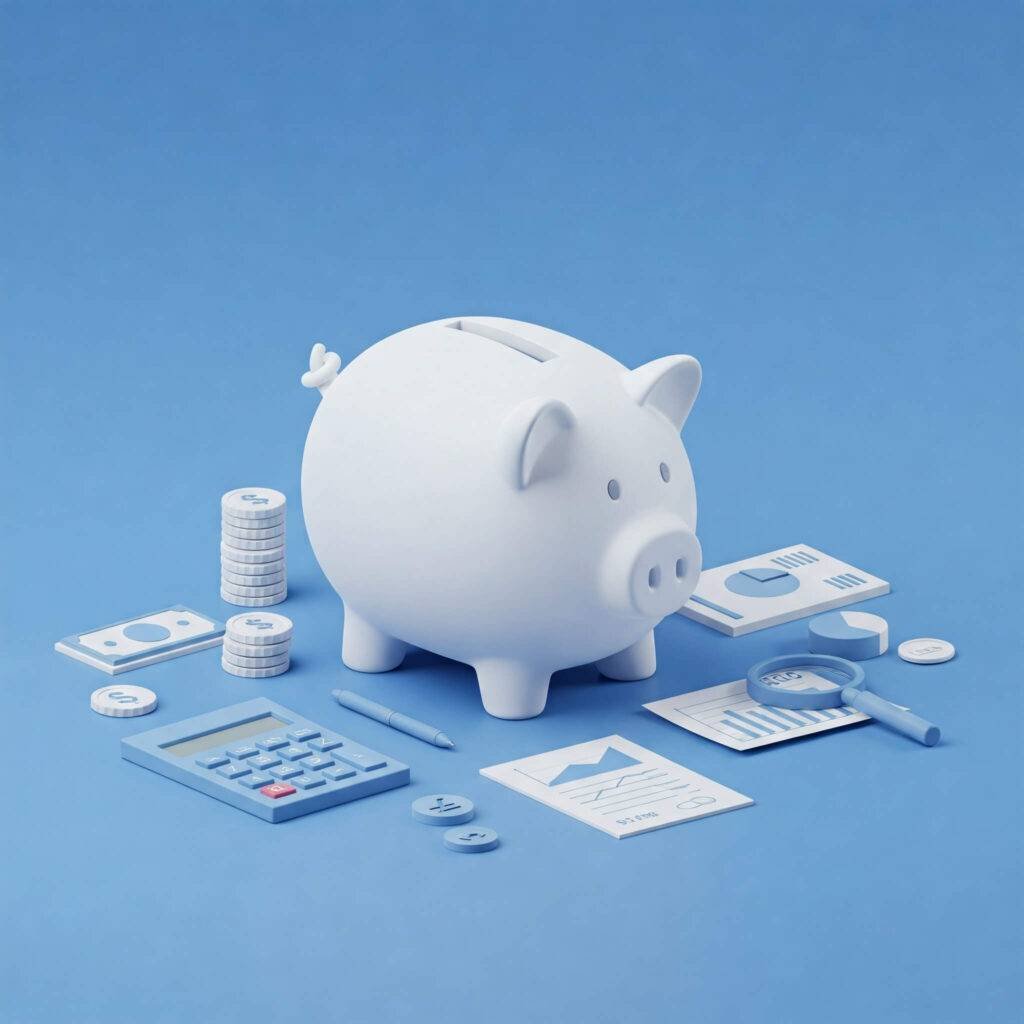 Minimalist piggy bank with financial tools, blue and white, symbolizing clarity.