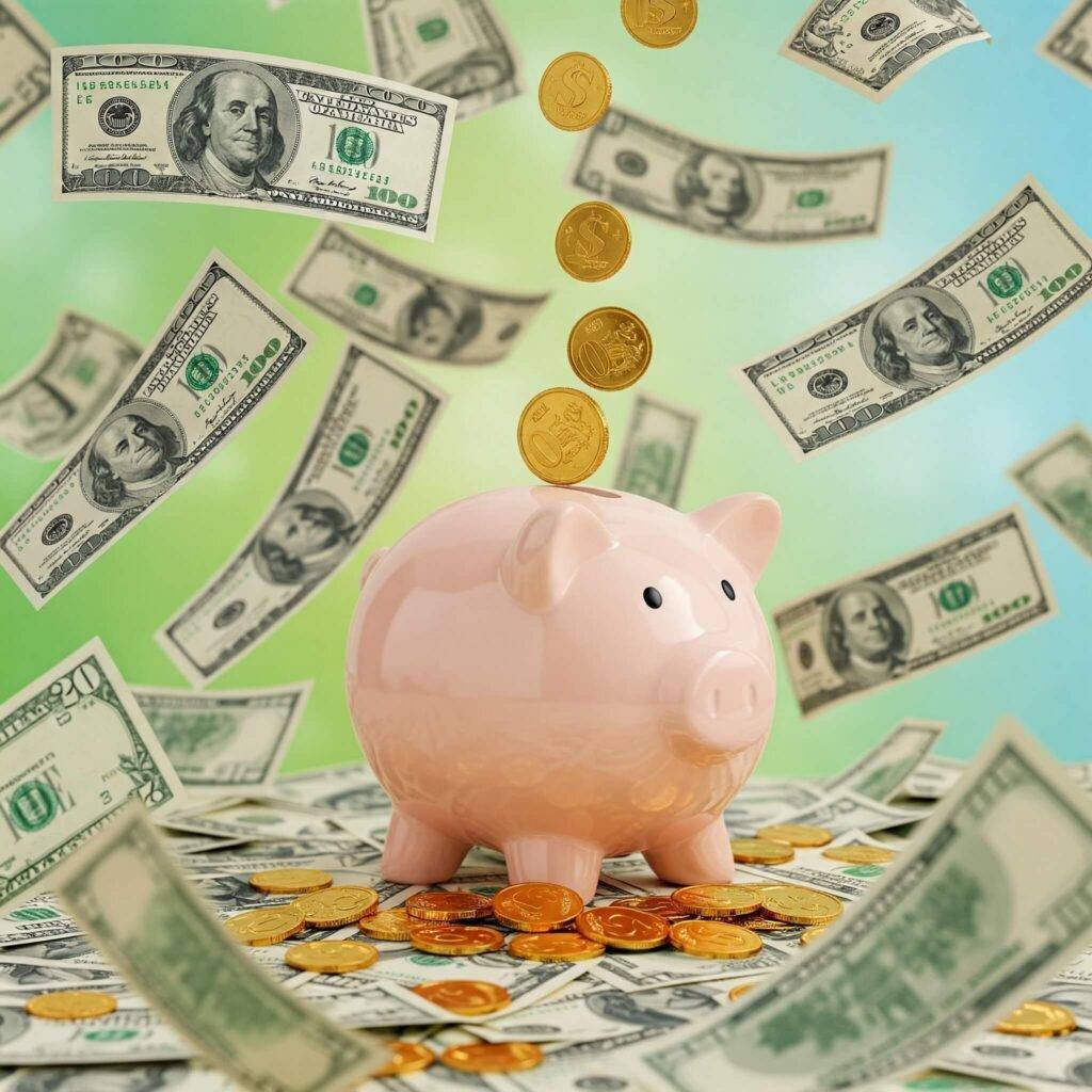 Coins flowing into a piggy bank, representing dividend income.