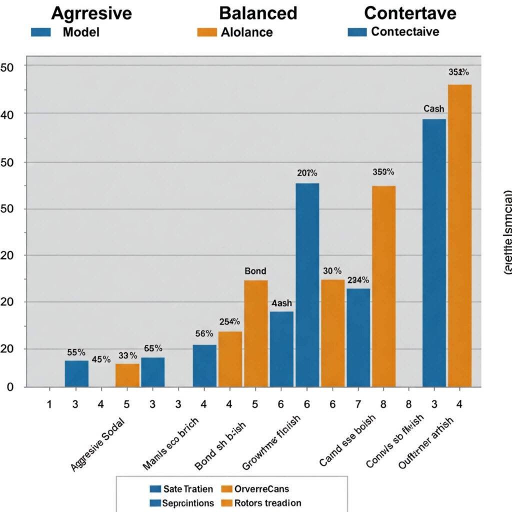 The image displays a professional chart comparing aggressive, balanced, and conservative allocation models, utilizing green and blue to convey growth and trust.
