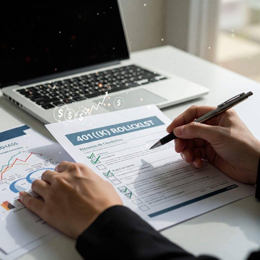 Hand checking off a 401(k) rollover checklist on a clean desk with financial documents and a laptop, illustrating the process of financial planning.