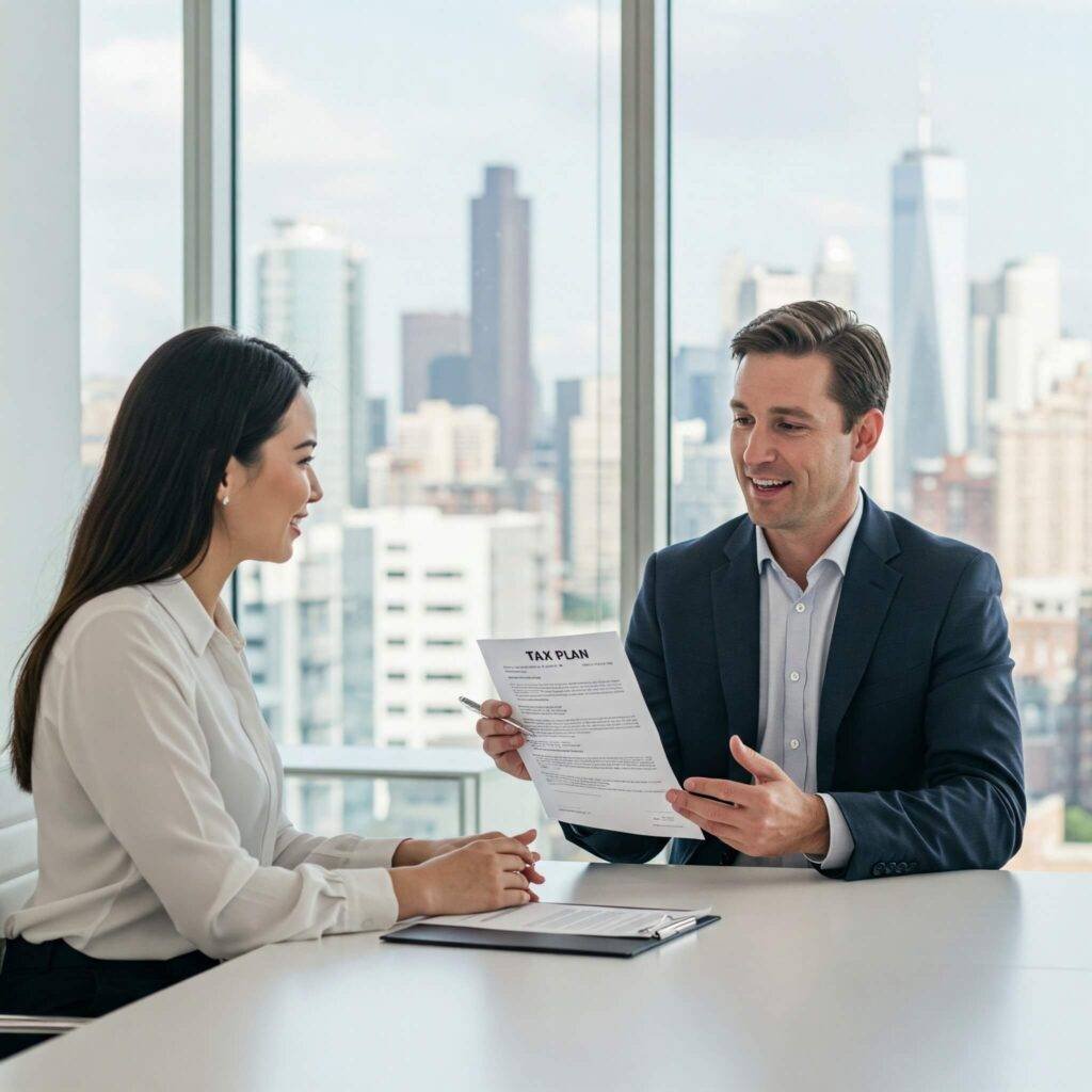 Financial advisor presenting tax plan to client in modern office. Blue and white tones