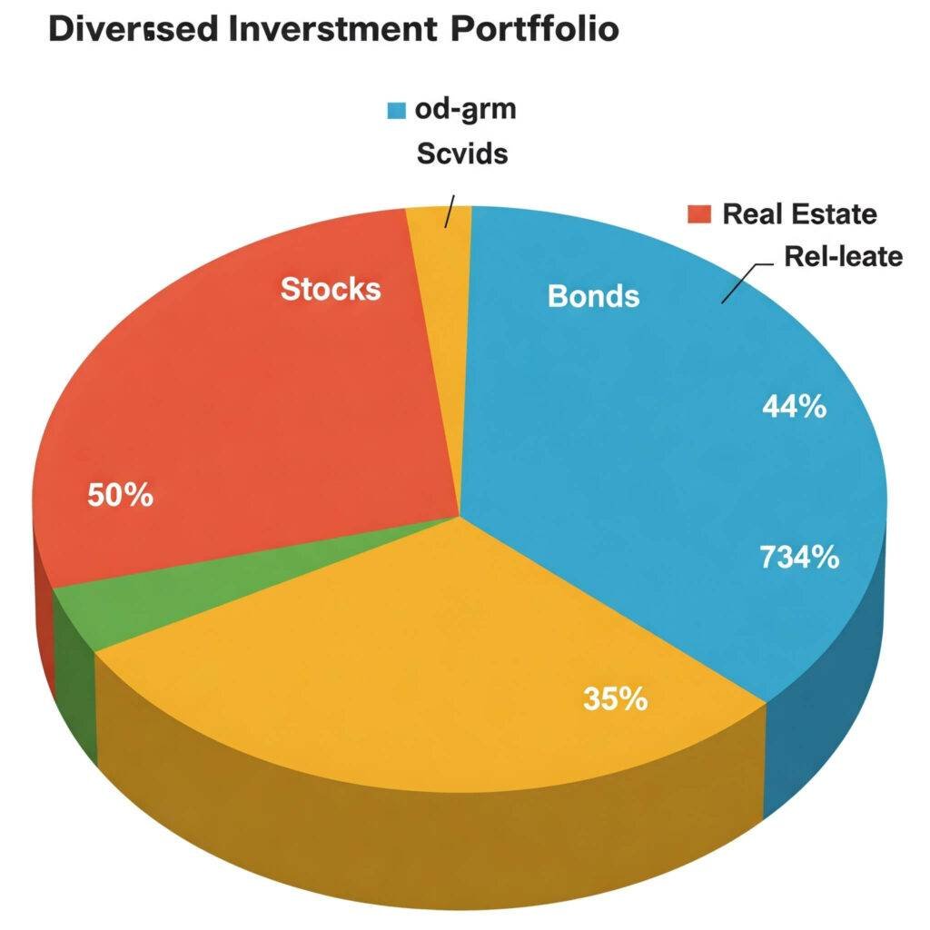 Diversified portfolio pie chart: Stocks, bonds, real estate
