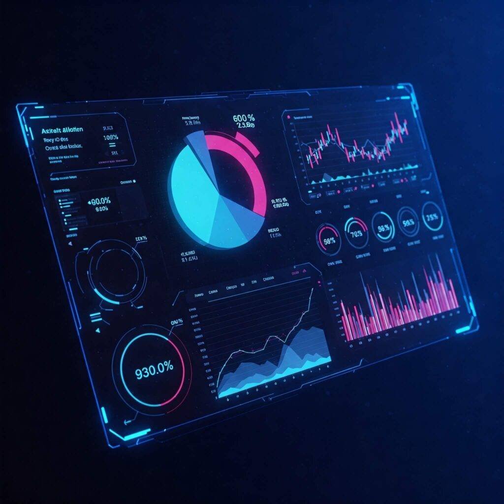 Futuristic financial dashboard displaying asset allocation, charts, and graphs.'