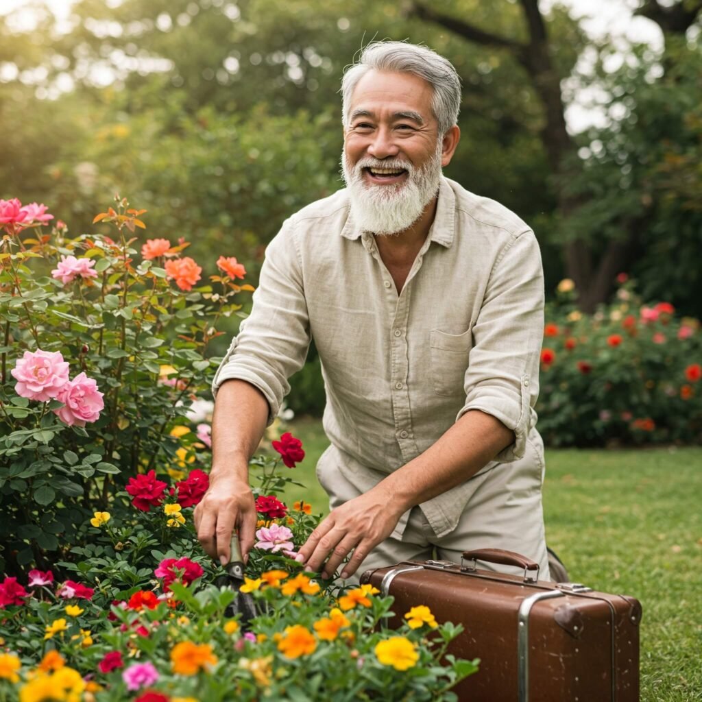 Retiree enjoying hobby in sunny setting