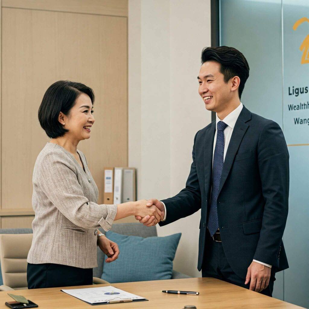 Joyful handshake between client and wealth manager, symbolizing successful partnership