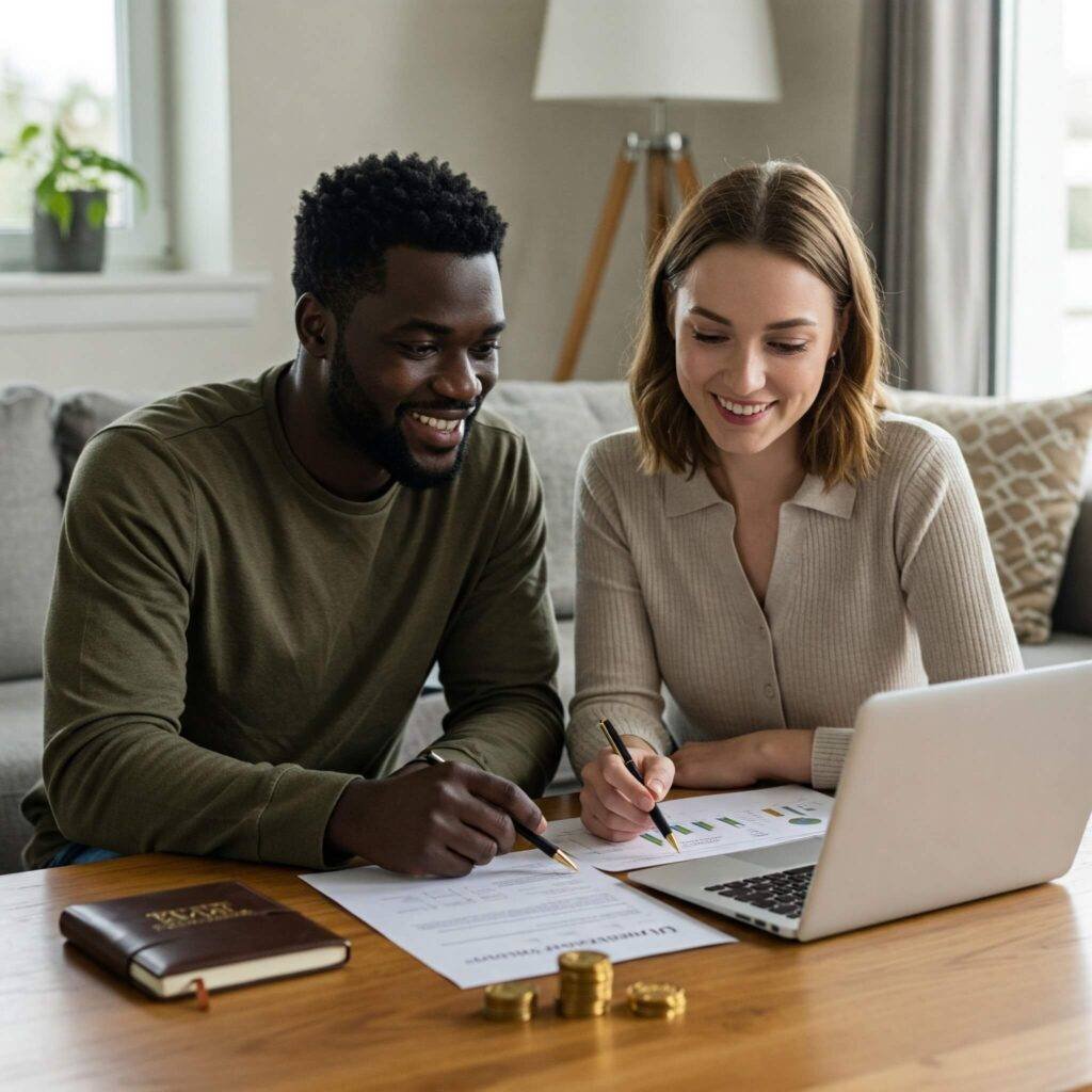 Couple reviewing financial documents: teamwork in wealth management.