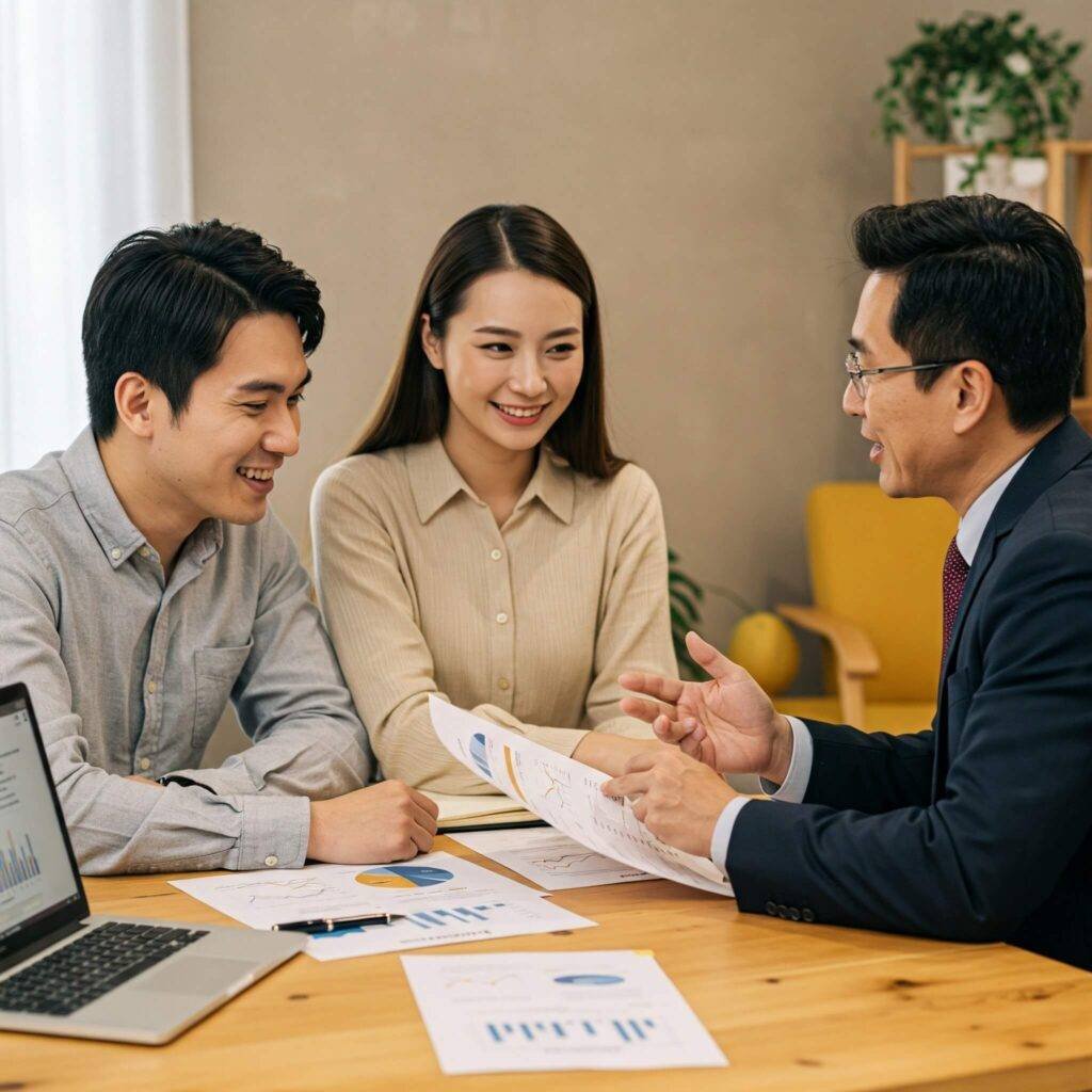 "Smiling couple with financial advisor: building trust"